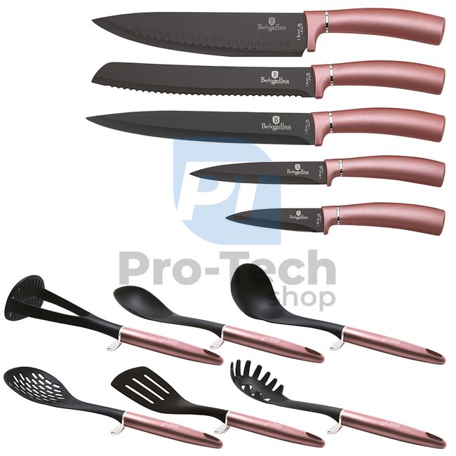 Set cuțite de bucătărie cu suport inox și ustensile de bucătărie, 12 piese PINK- SILVER 19971